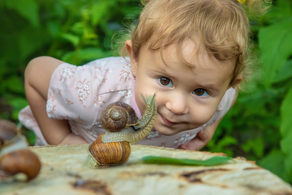 kleinkind schaut sich schnecke an